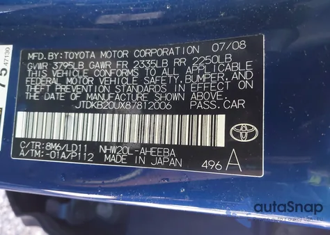 2008 Toyota Prius z USA, uszkodzony, nr VIN JTDKB20UX87812006